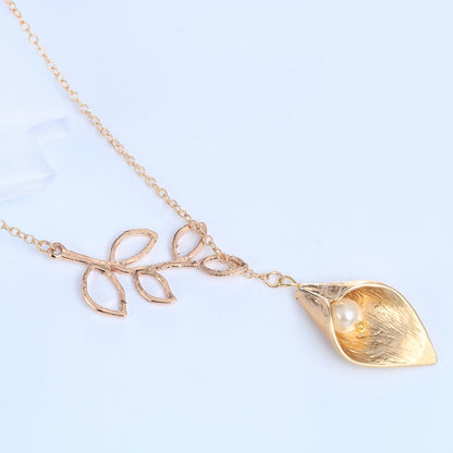 Calla Lily with Simulated Pearl Leaf Gold-Silver Necklace