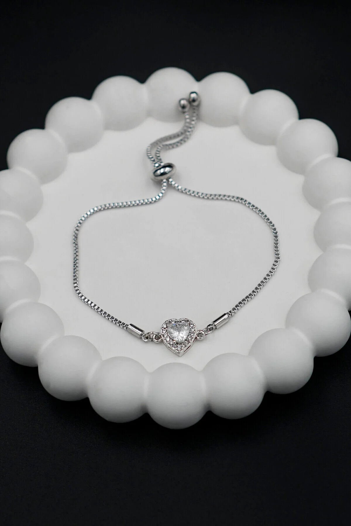 Zircon Stone Heart Silver Adjustable Bracelet