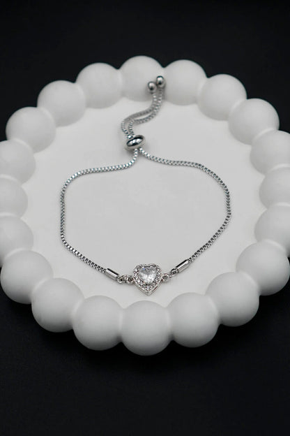 Zircon Stone Heart Silver Adjustable Bracelet