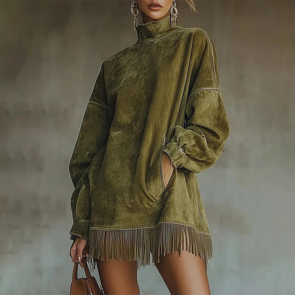 High Neck Green Suede Tassel Women Mini Dress