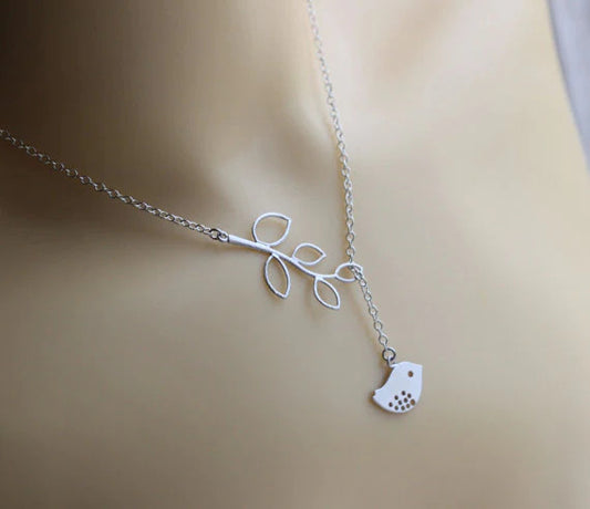 Bird on Leaf Silver Necklace