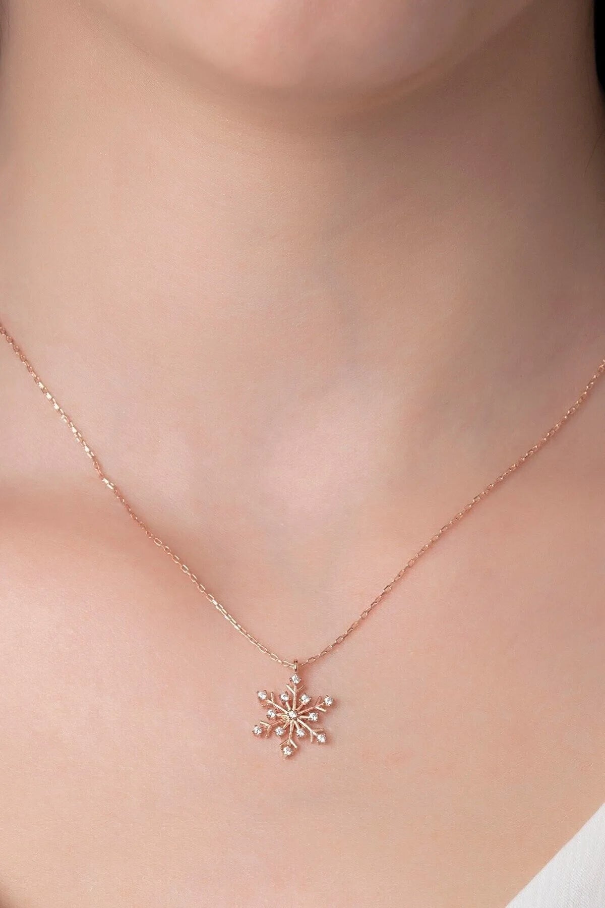 Rose Gold-Gold Snowflake Chain Necklace with White Stones