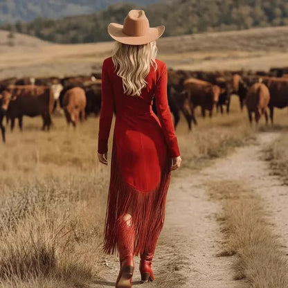 Retro Country Red Suede Long Dress - Denoss