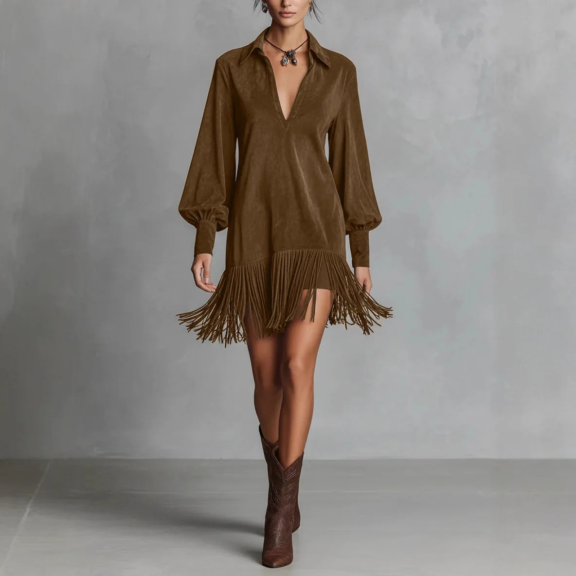 Brown Suede Tassel Mini Dress