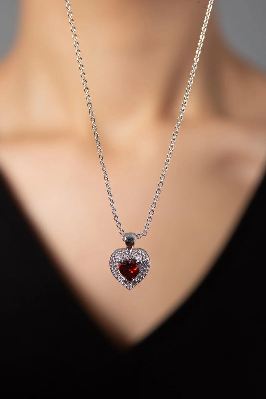Dainty Red Heart Zircon Silver Necklace
