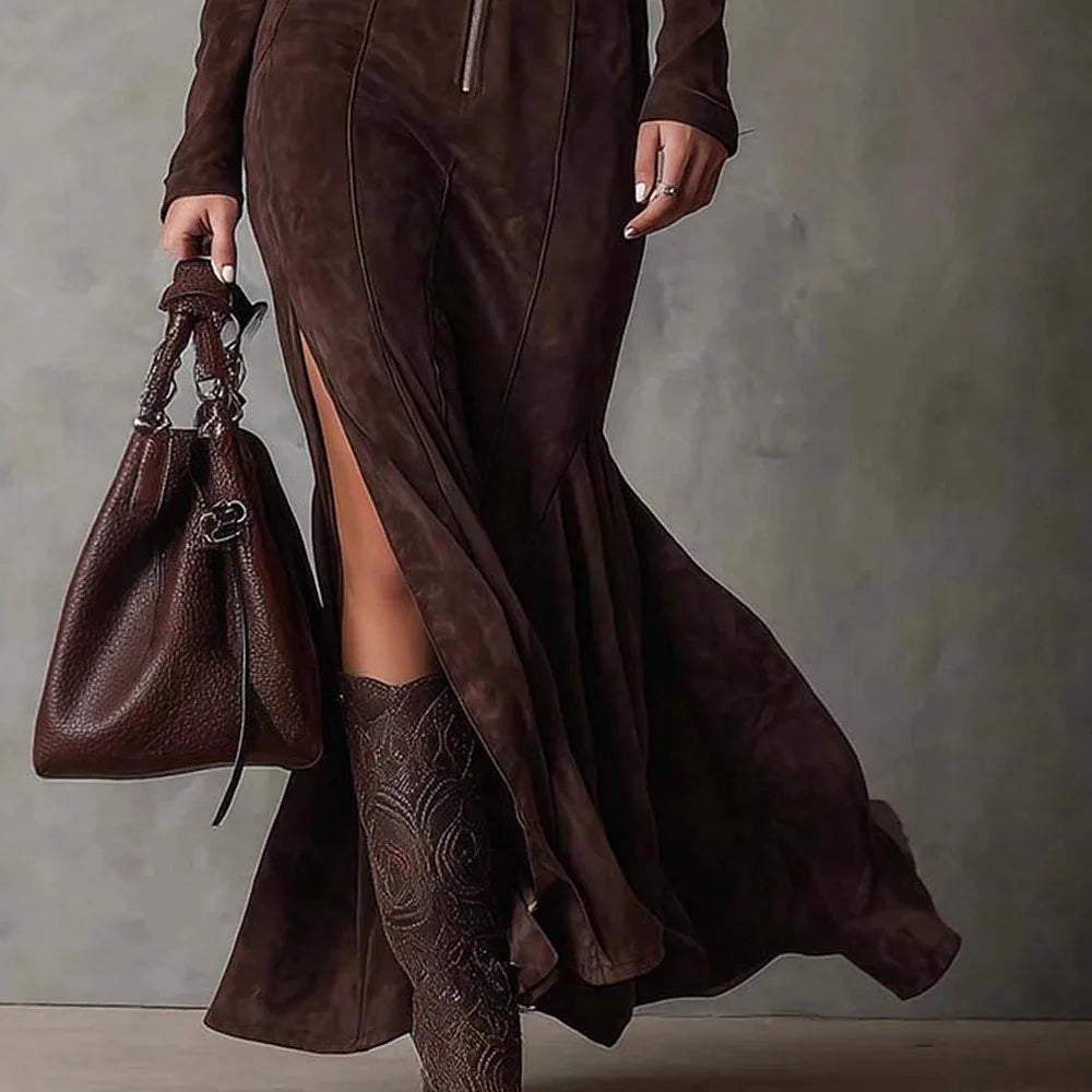 Coffee High Neck Zipper Maxi Dress - Denoss