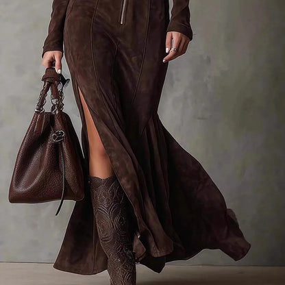 Coffee High Neck Zipper Maxi Dress - Denoss