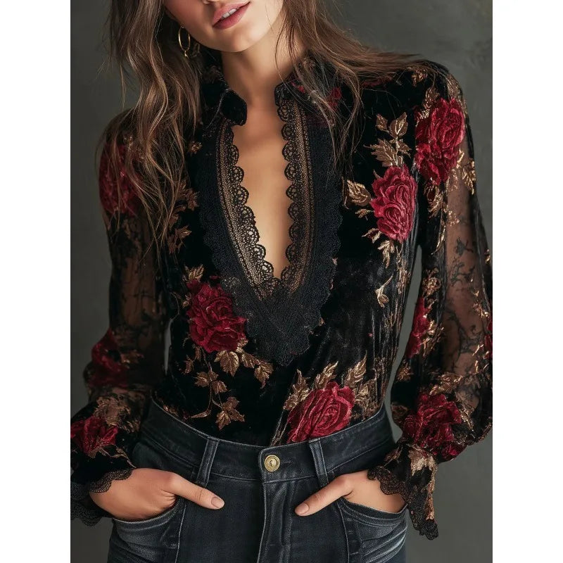 Gold Velvet Lace Patchwork V-Nec Pullover
