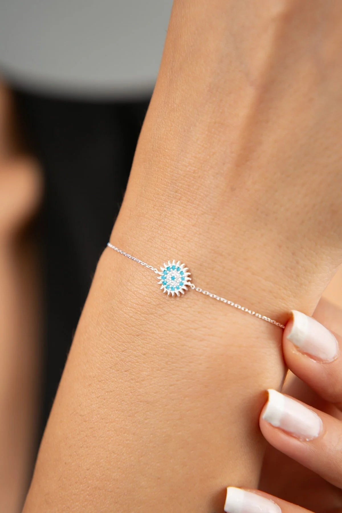 925 Sterling Silver Rhodium Plated Turquoise Sun Bracelet