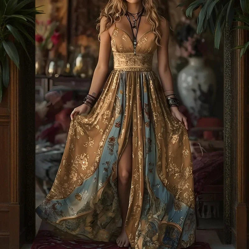 Gold Sexy Spaghetti Strap Long Dress