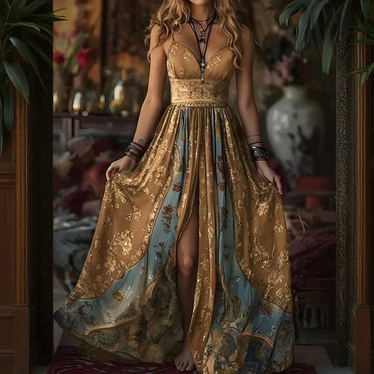 Gold Sexy Spaghetti Strap Long Dress