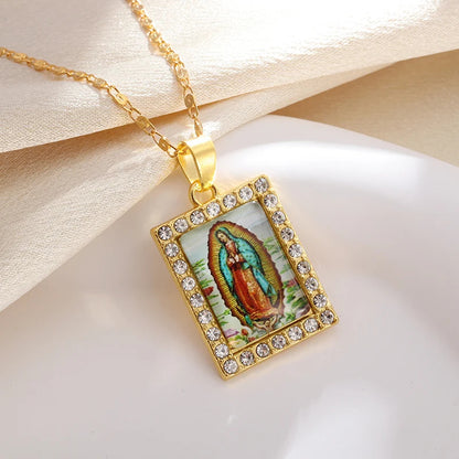 Gold Zircon Virgin Mary Pendant Necklace,Christian Necklace