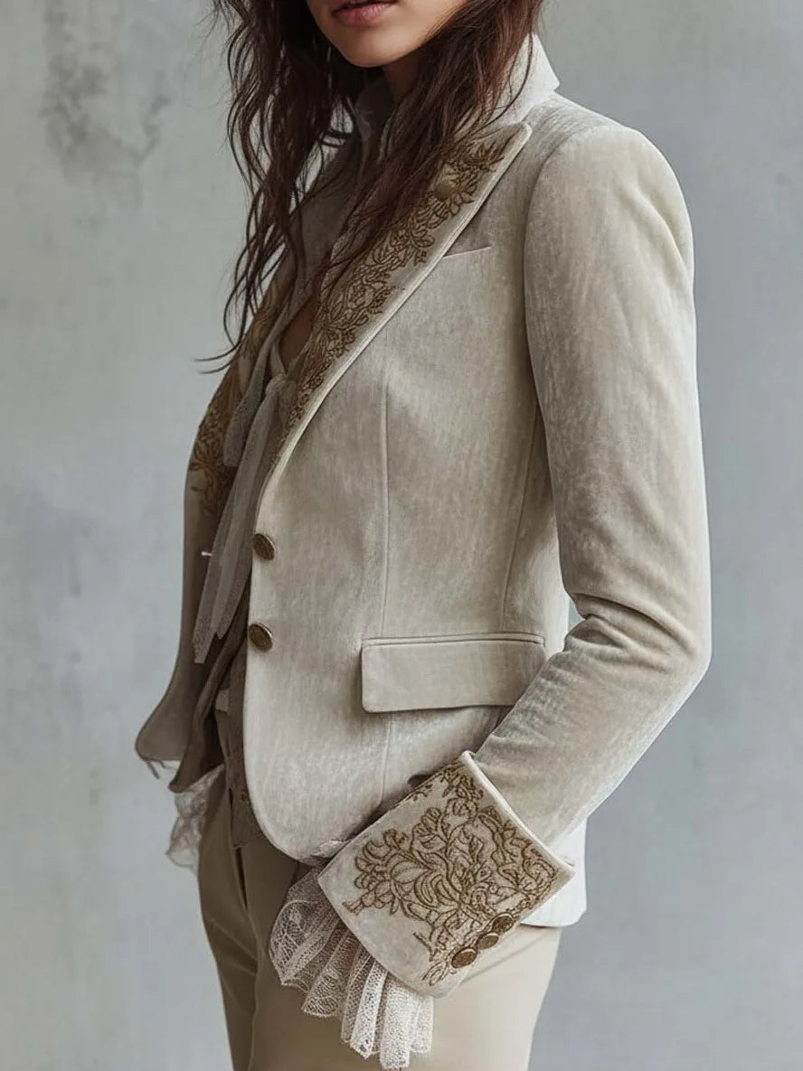 Gold Velvet Floral Print Bell Sleeve Jacket