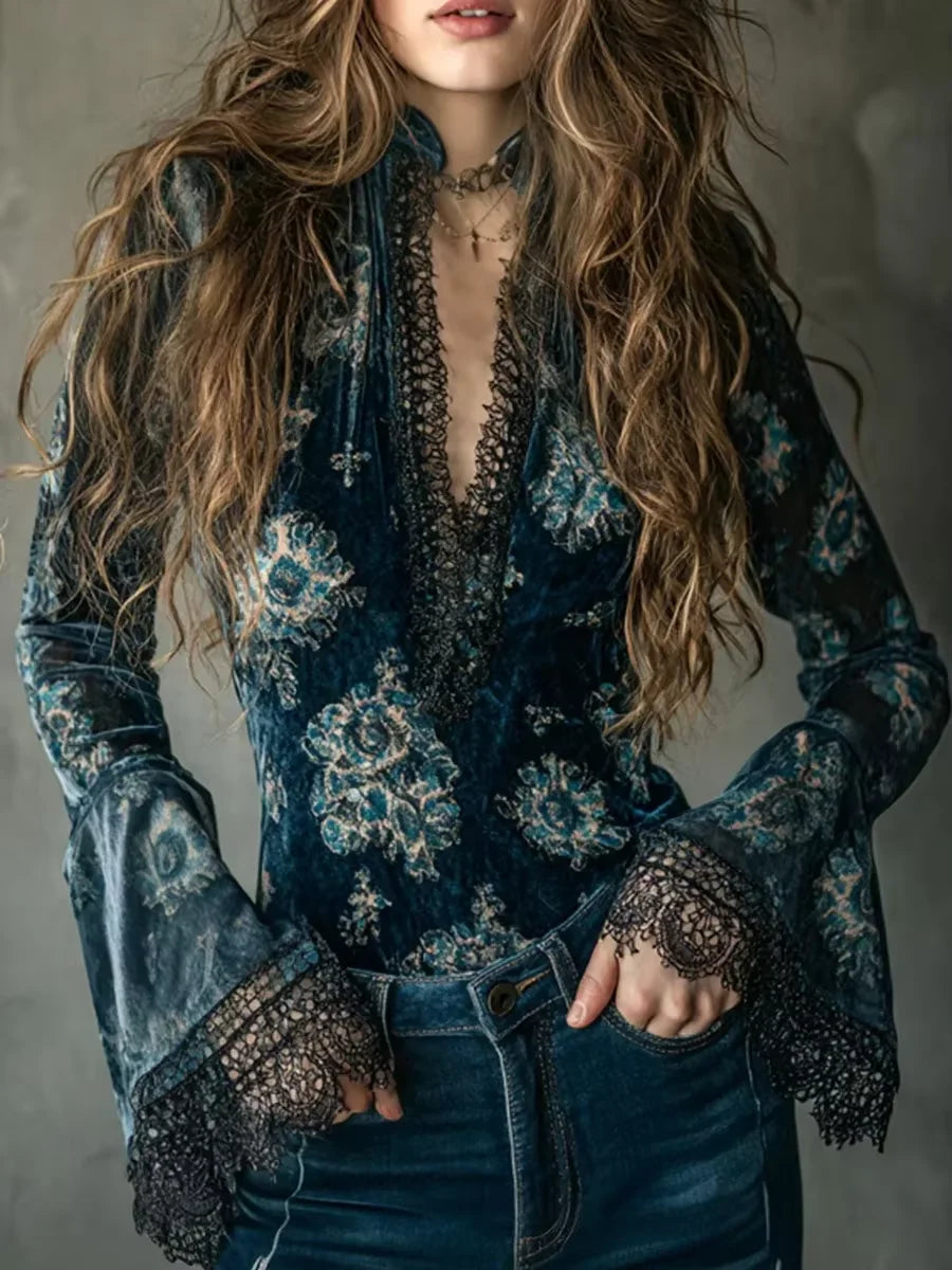 Floral Velvet V-Neck Gothic Blouse Top for Women