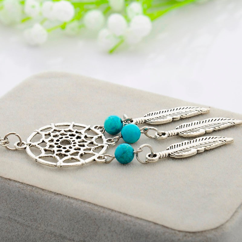 Boho Style Turquoise Beads and Feathers Silver Necklace