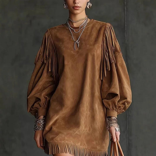 Western Retro Puff Sleeve Tassel Loose Short Dress - Denoss