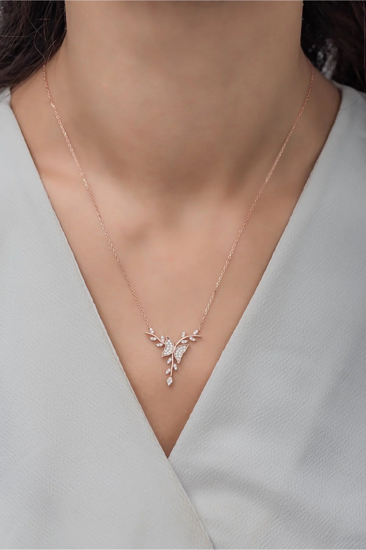 925 Sterling Silver Rosegold Butterfly on a Branch Necklace