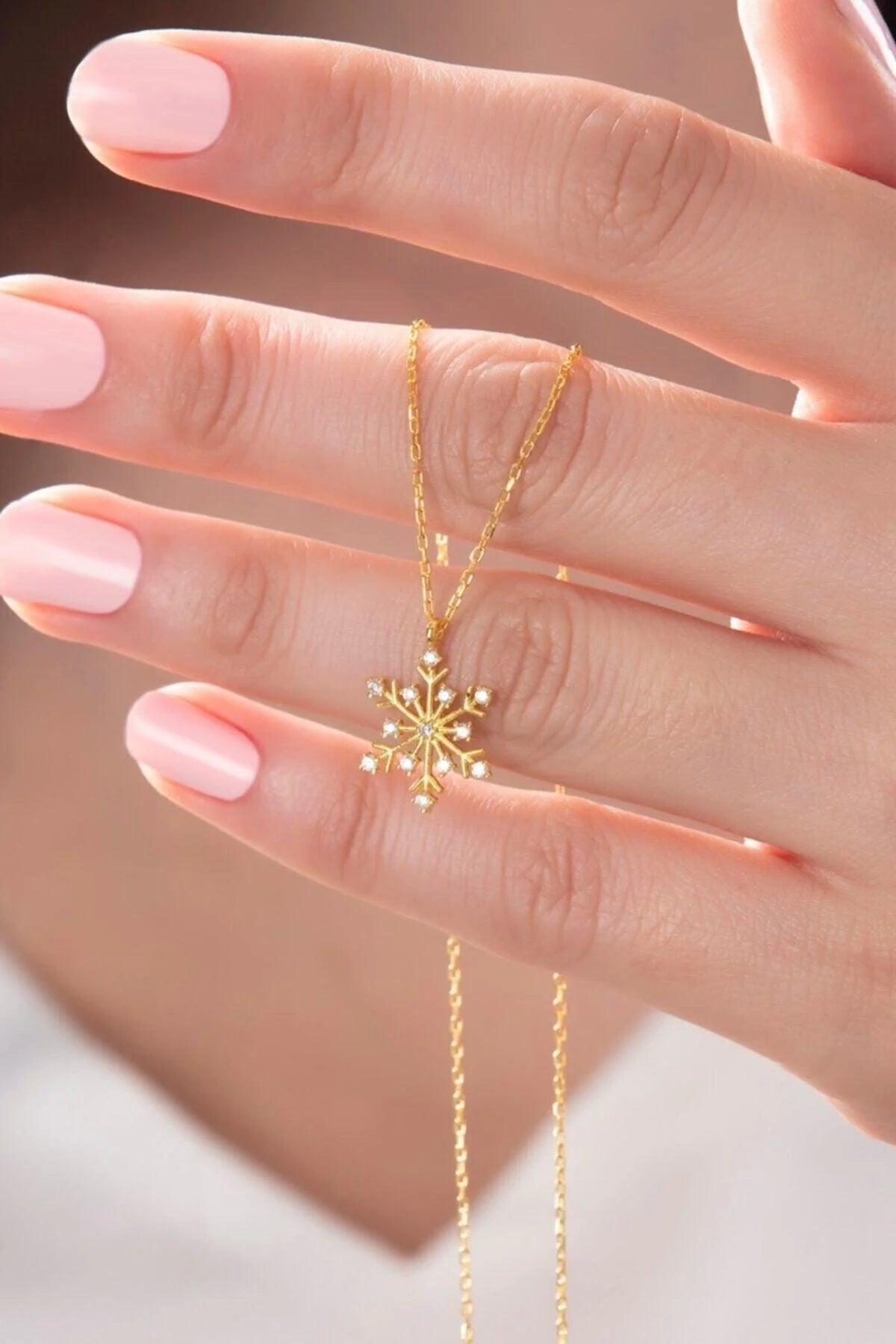 Rose Gold-Gold Snowflake Chain Necklace with White Stones