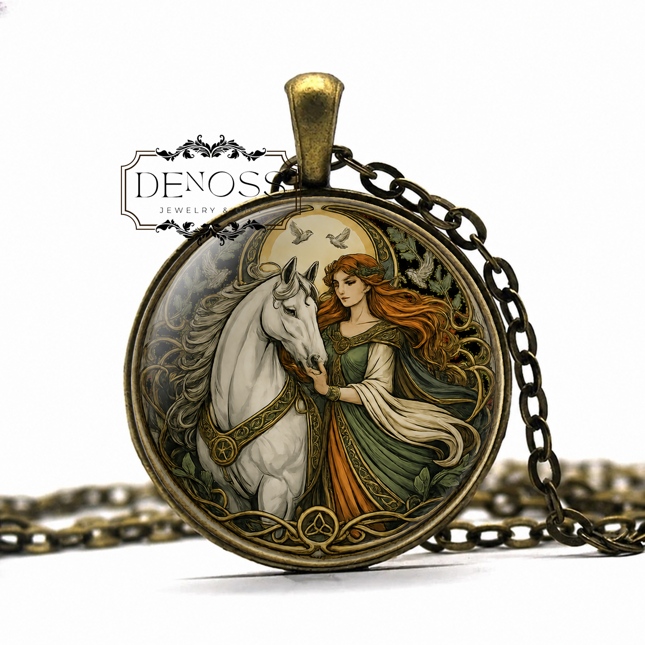 RHIANNON Celtic Necklace,Celtic Goddess Pendant,Mythology Jewelry,Horse Goddess Art Necklace,Celtic Myth Gift