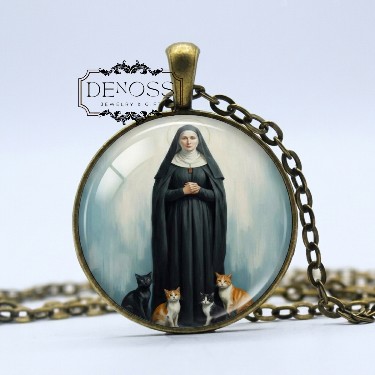Saint Gertrude Of Nivelles Pendant Necklace,Religious Devotional Christian Medal