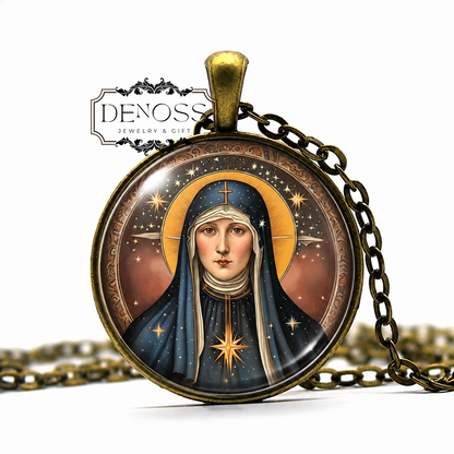 Saint Hildegard of Bingen Pendant Necklace,Medal Sibyl of the Rhine,Mystic Art Necklace,Glass Charm Catholic Jewelry,Patron Saint of Writers & Musicians