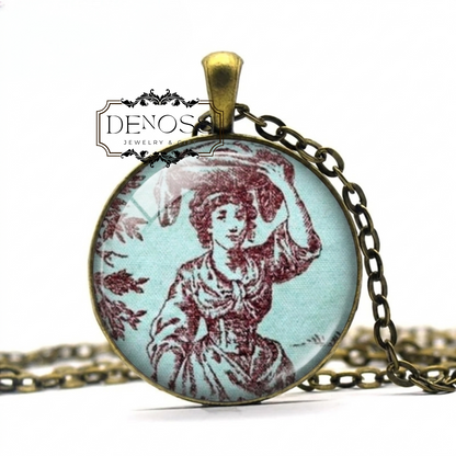 Red Toile de Jouy Necklace,French Vintage Cottage
