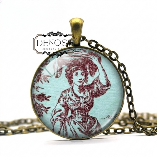 Red Toile de Jouy Necklace,French Vintage Cottage