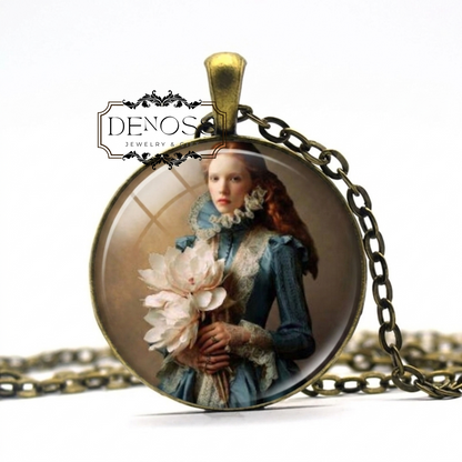 Redhead Girl with Flowers Necklace,Floral Art Gift