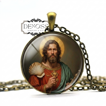 SAINT JAMES the GREATER Pendant Necklace,Art Glass Pendant,Patron Saint of Pilgrims & Spain,Religious Jewelry,Christian Gift