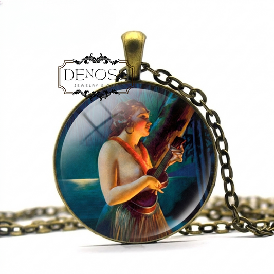 Retro Hula Girl Necklace,Vintage Hawaiian Jewelry