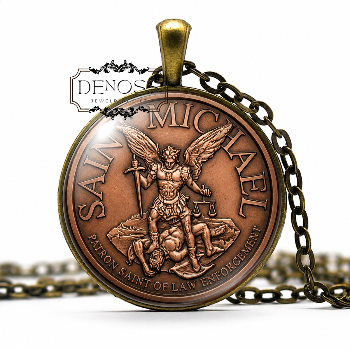 Saint Michael Necklace,Archangel Pendant Glass Cabochon,Religious Jewelry,Christian Protector Amulet