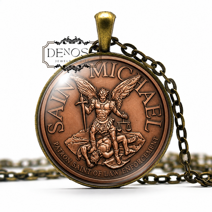 Saint Michael Necklace,Archangel Pendant Glass Cabochon,Religious Jewelry,Christian Protector Amulet