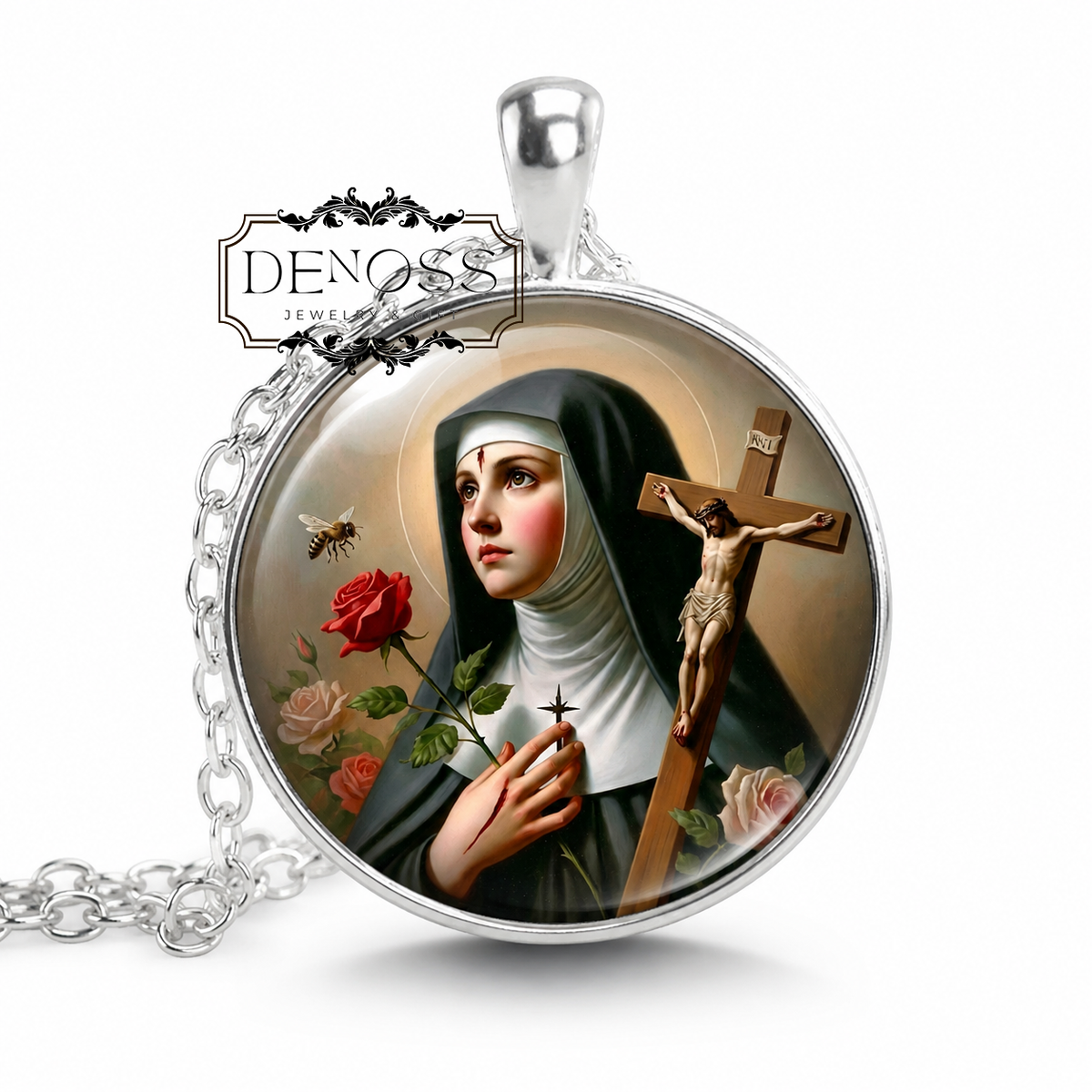 SAINT RITA of CASCIA Pendant Necklace,Patron Saint of Impossible Causes,Patron Saint of Sterility,Patron Saint of Abuse Victims,Rhinestone, Gold