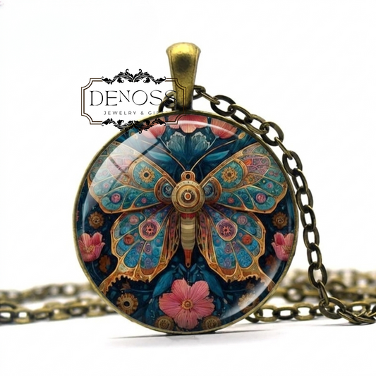 Steampunk Butterfly Necklace,Vintage Cabochon Pendant