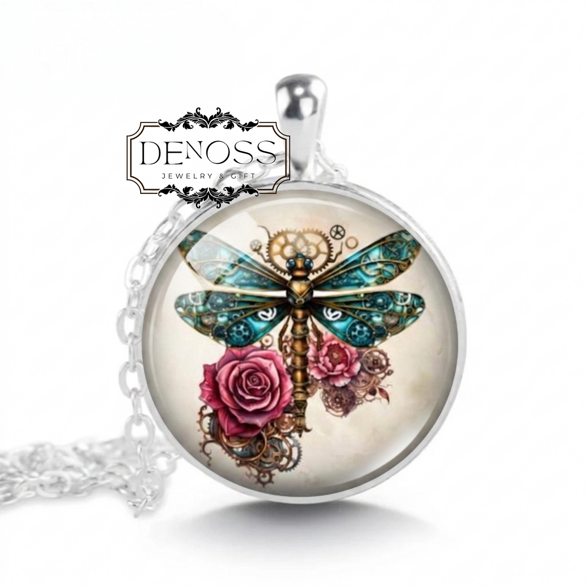 Steampunk Dragonfly Necklace,Dragonfly Necklace,Steampunk Necklace,Roses