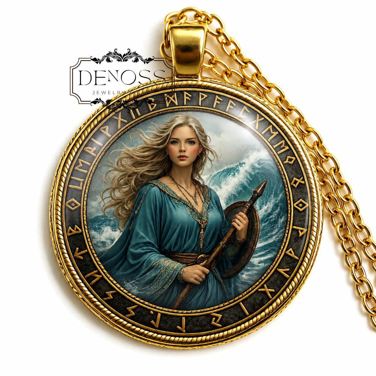 HIMINGLAEVA Necklace,Norse Goddess,Goddess of the Clear Calm Sea,Vikings,Scandinavian,Asatru Mythology,Glass Pendant