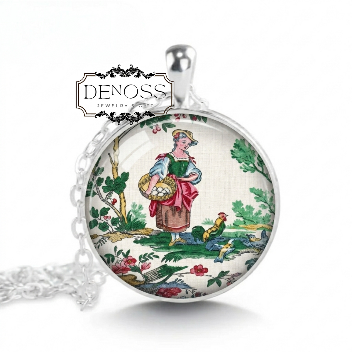 Toile de Jouy French Vintage Cottage Necklace