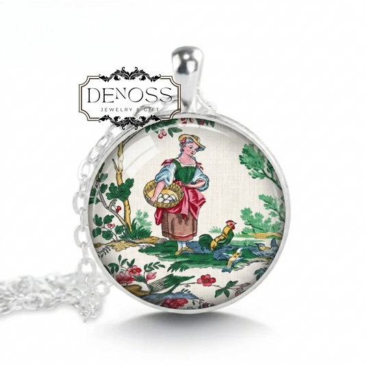 Toile de Jouy French Vintage Cottage Necklace