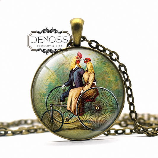 Bicycle Built for Two necklace,cyclist gift bicycle jewelry,chicken jewelry,chicken couple necklace