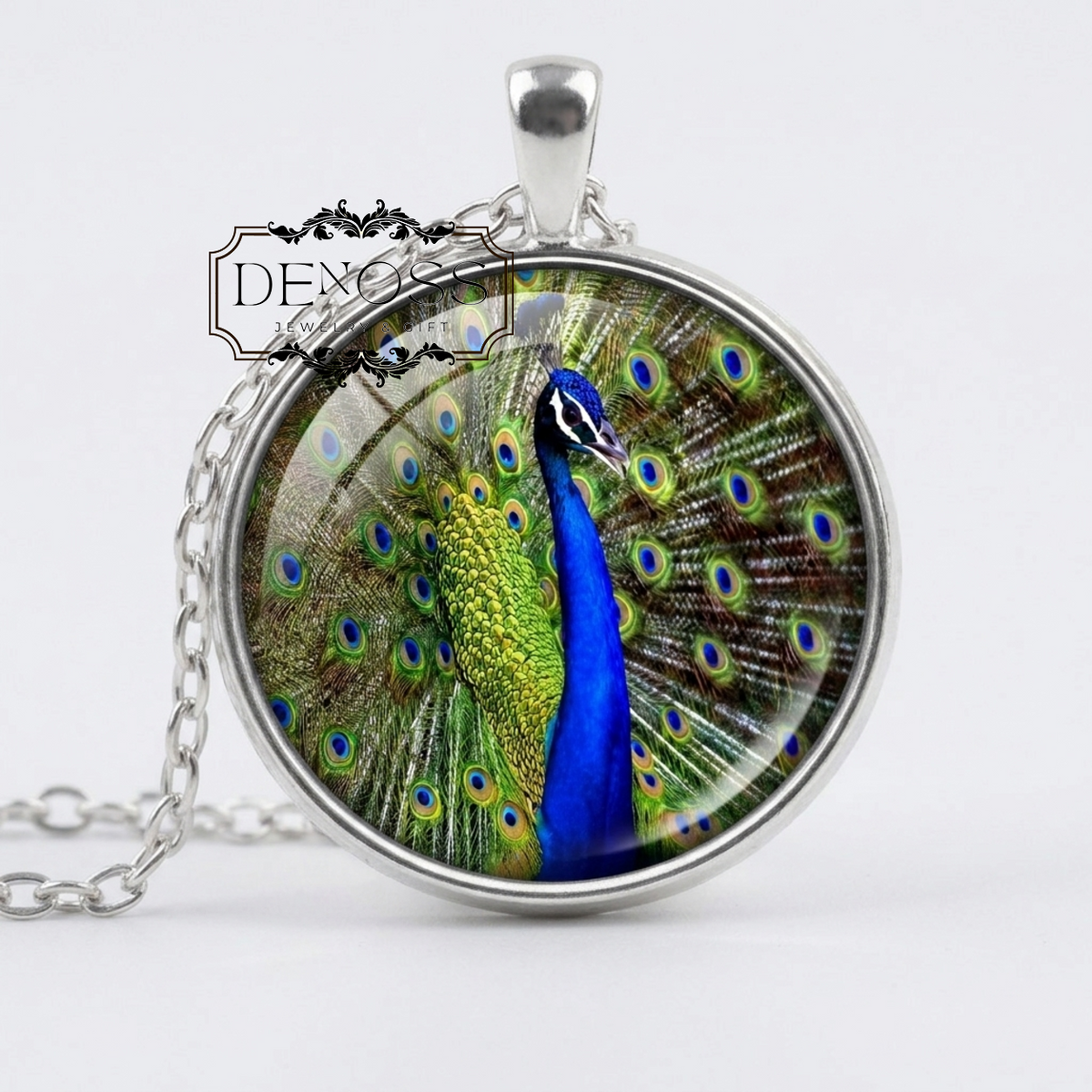 Vibrant Peacock Feather Art Pendant Necklace,Glass Dome Jewelry