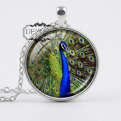 Vibrant Peacock Feather Art Pendant Necklace,Glass Dome Jewelry