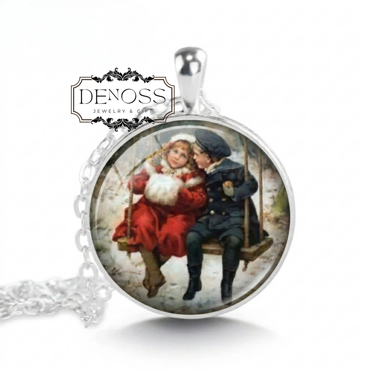 Victorian Children Swing Necklace,Vintage Winter Illustration Jewelry