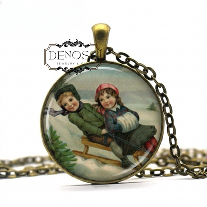 Vintage Winter Sledding Necklace,Christmas Art Pendant
