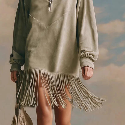 Suede Retro Tassel Long Sleeved Dress