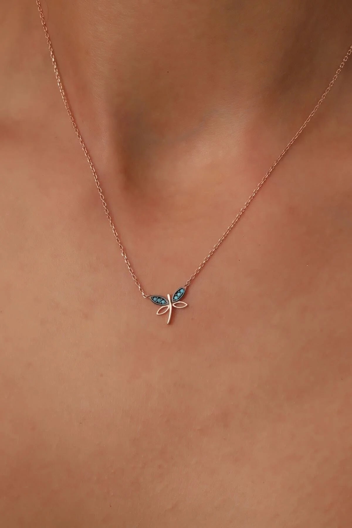 925 Sterling Silver Turquoise Stone Minimalist Dragonfly Chain Necklace