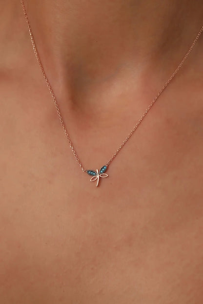 925 Sterling Silver Turquoise Stone Minimalist Dragonfly Chain Necklace