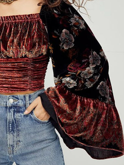 Square Collar Ruffles Velvet Chic Blouse
