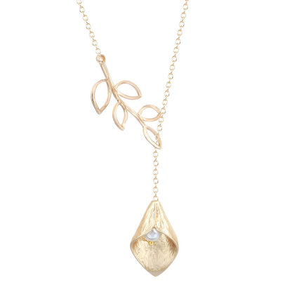 Calla Lily with Simulated Pearl Leaf Gold-Silver Necklace