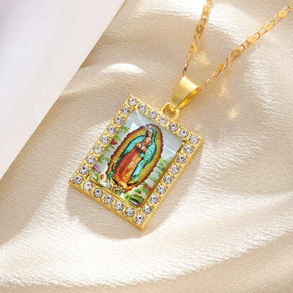 Gold Zircon Virgin Mary Pendant Necklace,Christian Necklace