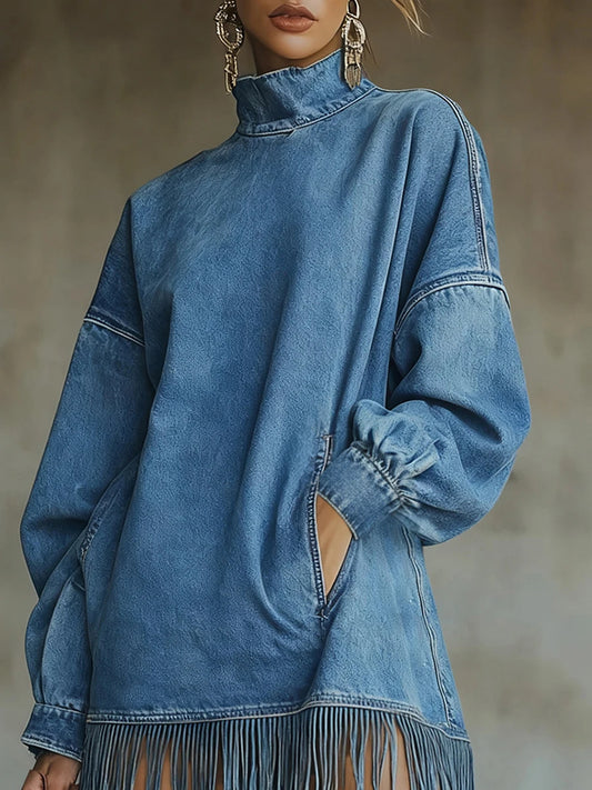 High Neck Denim Tassel Women Mini Dress - Denoss